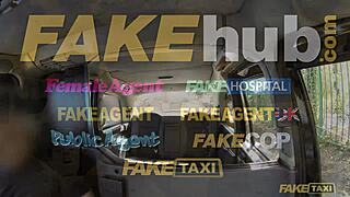 Hot couple has sex in a car in a faked taxi scene