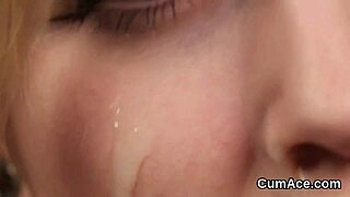 Unusual centerfold swallows sperm in blowbang bukkake.