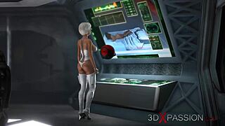 Sexy shemale plays with hot woman in space