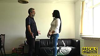 hey, watch this real busty cougar get her big cock deep throated in hd