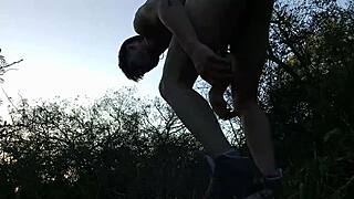 Latino masturbates in forest before being seen