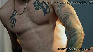 Tattooed muscle gay bends over newbie for anal and all holes.