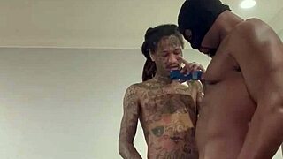 Masked tattooed guys run a train on me with handjobs and blowjobs in the orgy