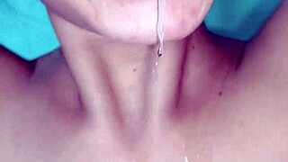 She's shoving that dick into her tight shaved pussy, close up view.