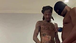 Masked tattooed guys run a train on me with handjobs and blowjobs in the orgy