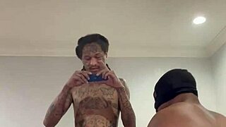 Masked tattooed guys run a train on me with handjobs and blowjobs in the orgy