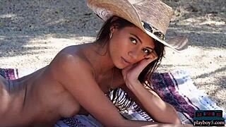 Petite Asian Teen Hannah Le Strips Naked on Ranch for Playboy