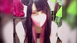 Cat-eared ladyboy intensely masturbates in string panties during live stream