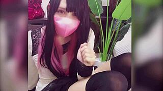 Cat-eared ladyboy intensely masturbates in string panties during live stream