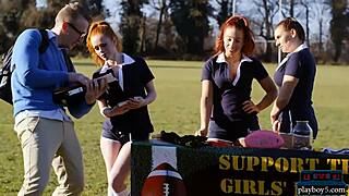 Redhead teen bounces big ass on new student.