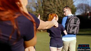 Redhead teen bounces big ass on new student.