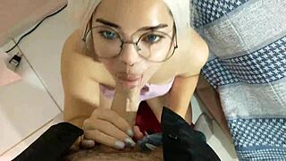 white wolf surprises white moon with a blowjob ending in cumshot on her face