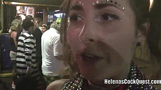 Exhibitionist wife Helena Price flashes upskirt pussy in public, and Fantasy Fest crowd goes wild.