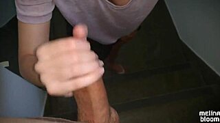 intense public pov blowjob on building stairs, swallowing cum