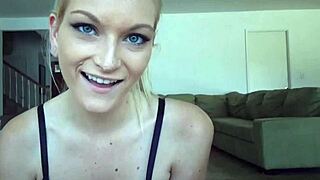 Blonde teen waits all day in lingerie to suck cock, deepthroat, lick balls.