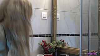 Hot new blonde wife swaps sexy panties in bathroom