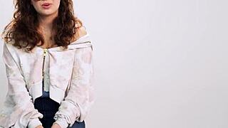 Up close, watch big-titted cutie Leana Lovings climax solo in full casting scene