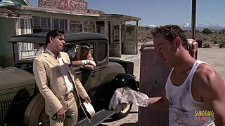 naughty girls suck rich guy's cock at gas station, moaning while riding