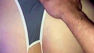 Wife bent over in doggystyle, teasing her old cuckold husband.