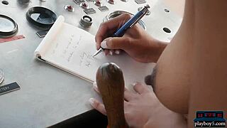 Exotic Playboy model strips naked on a boat outdoors. Her hairy charm shines.