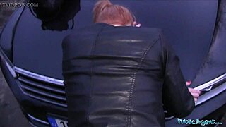 Redhead gets fucked on car bonnet in public amateur sex