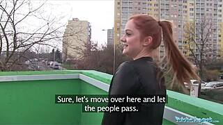 Redhead gets fucked on car bonnet in public amateur sex