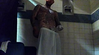 Strokin this big tatted white dick in shower time