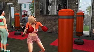 Blonde character bends over in gym animation. She moves outdoors.