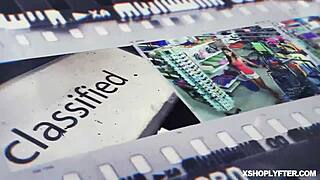 Jade Amber stripped bare in shop, giving a wild blowjob to LP officer's big cock