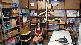 Jade Amber stripped bare in shop, giving a wild blowjob to LP officer's big cock