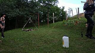 I, Beth Kinky, train my shemale horseman in this sexy goth domina session outdoors.