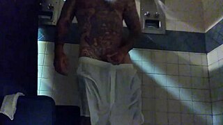 Strokin this big tatted white dick in shower time