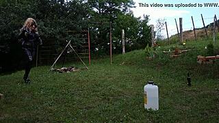 I, Beth Kinky, train my shemale horseman in this sexy goth domina session outdoors.