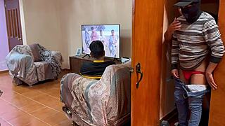 Unknown guy sneaks in to fuck with my boyfriend in the bedroom