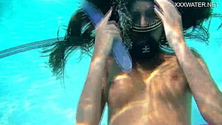 Nora Shmandora's underwater solo pleasure with a purple dildo