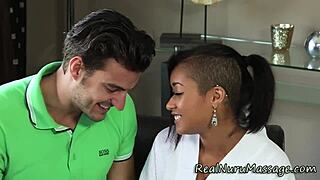 Stunning ebony masseuse gives handjob and facial! 😍