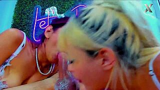 horny blonde girl gives hot blowjobs with her best friend