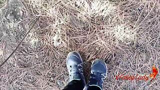 Cute redhead gets messy in public in nature
