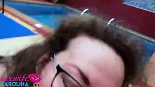 This milf delivers a steamy blowjob before riding hard in sauna