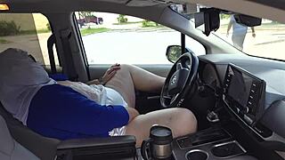 Caught finger fucking in car, then sucking stranger's cock outdoors