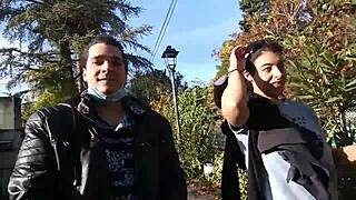 Best friends give blow job and get cum on their faces in public
