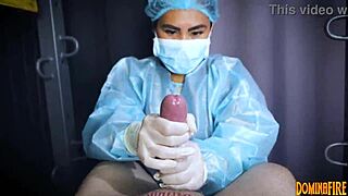 Femdom mistress uses latex and gloves to pleasure her patient