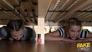 Stuck under bed in fake hostel? Hero rescues petite babes with thick cock for threesome 😏