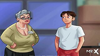 In Summertime Saga, she says here, take and touch my breasts, leading to groping and blowjob fun in the game.