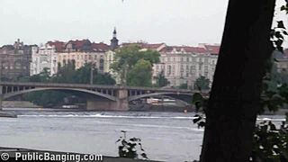 Public sex with busty teen gangbanged by 2 guys on street