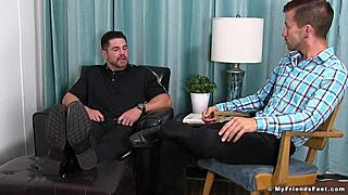 Freaky homosexual interacts with inked hunk's feet and toes