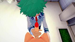 Emotional yaoi scene: Midoriya gets handjob and fucked by Bakugou in bathroom.