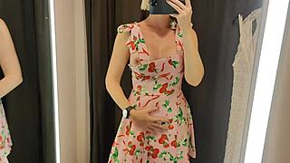 Trying transparent clothes in fitting room, masturbating to a strong wet orgasm