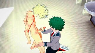 Emotional yaoi scene: Midoriya gets handjob and fucked by Bakugou in bathroom.