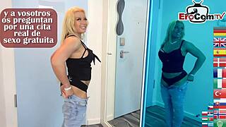 Spanish blonde milf with big natural tits gets seduced in bathroom